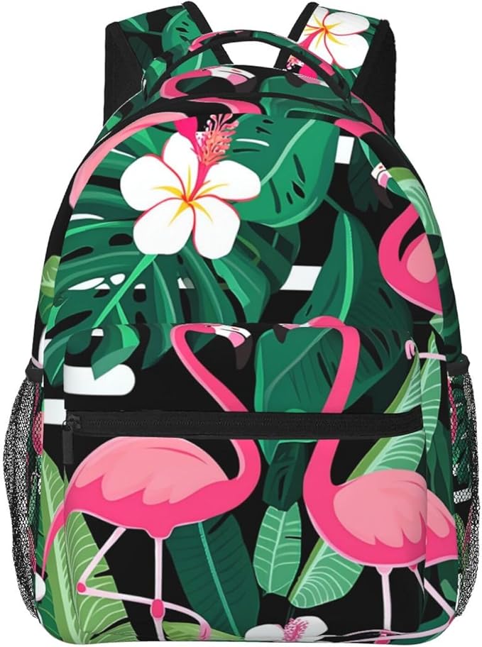 Polyester Daypack Bookbag for Gym Business Bicycle, Large Capacity Multipurpose Anti-Theft Carry On Bag, Flamingo Tropical Bird Art Travel Hiking Daypack