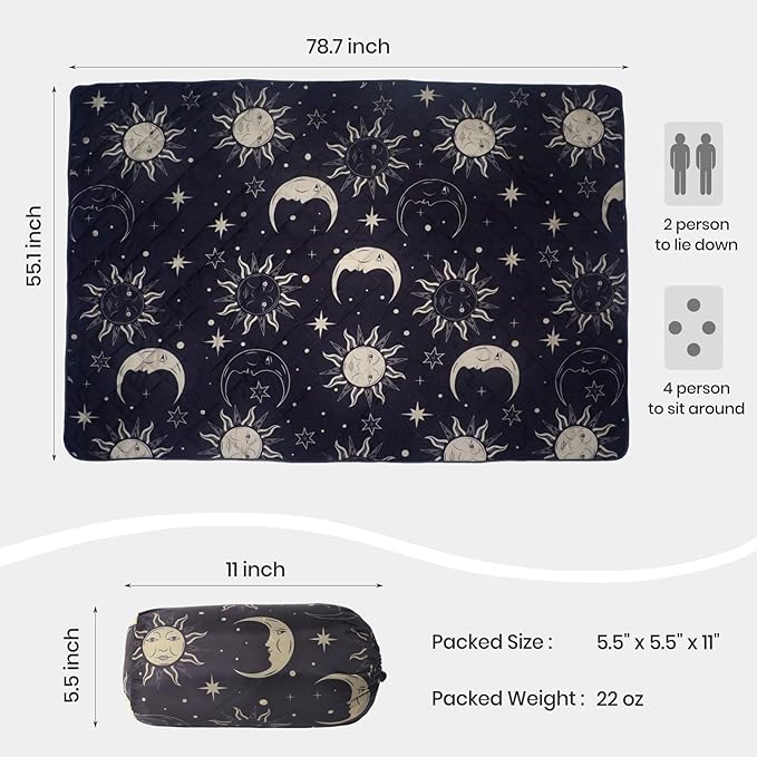 Waterproof Outdoor Blanket, 79" x 55" Large Packable Picnic Blankets, Foldable Picnic Mat for Park, Lawn, Grass, Beach, Concert (Sun and Moon)