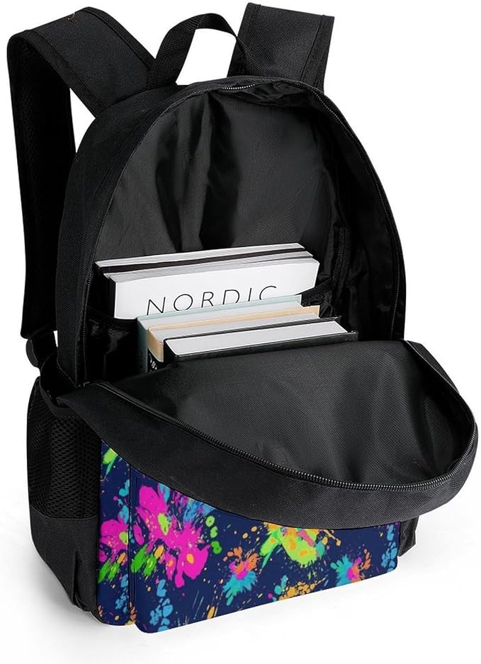 Men Women Polyester Paint Splatter Dark Colorful Daypack Big Capacity Shoulder Bag With Smooth Zippers for Hiking Work Walking Cycling