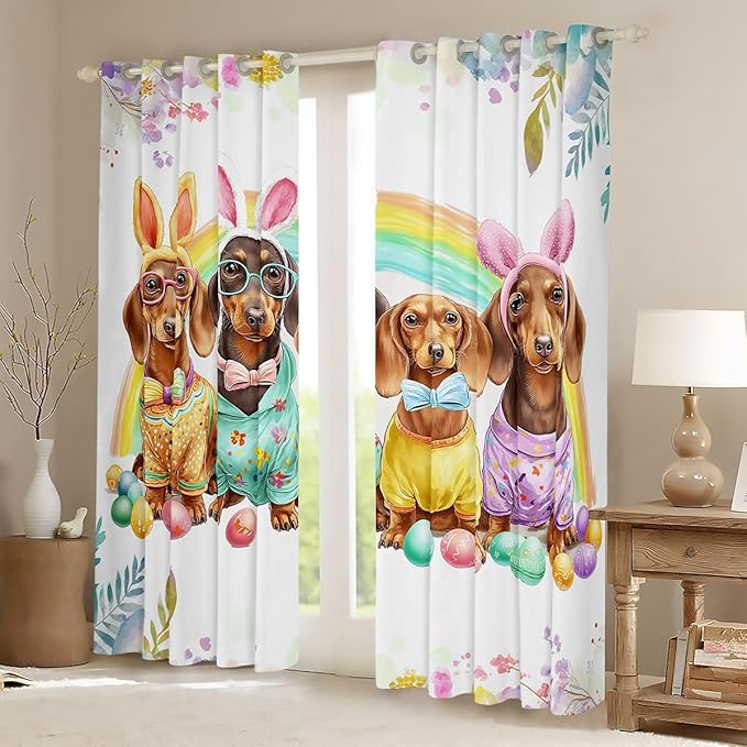 Dachshund Cute Dog Window Curtain | Beach Party Window Drapes for Men Bedroom Decor,Tropical Palm Blackout Curtains Rainbow Floral Living Room Top 2 Panels,52Wx63L