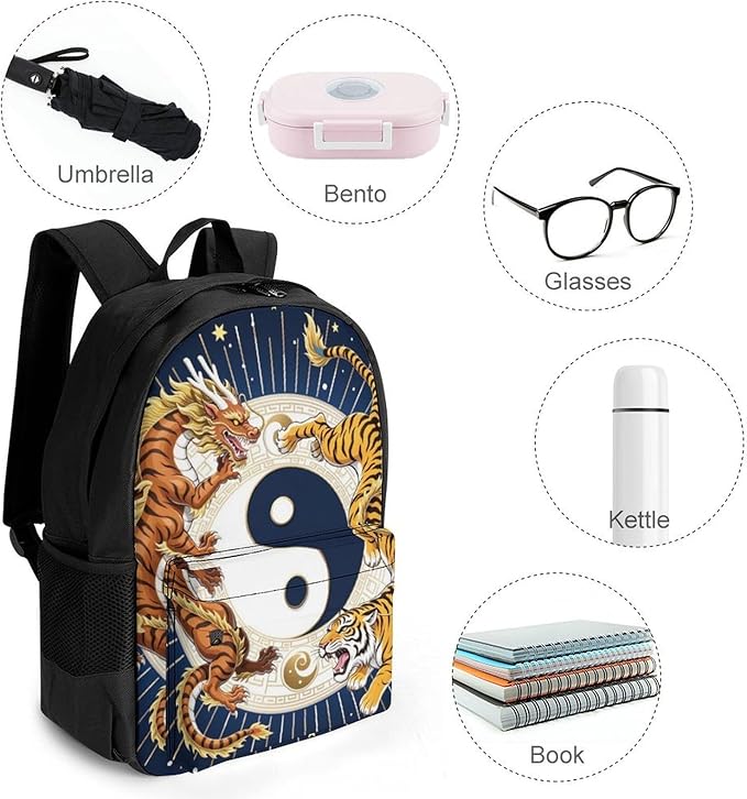 Daypack Backpack Multipurpose Anti-Theft Large Capacity Bookbag, Yin Yang Dragon Tiger Travel Hiking Camping Rucksack With Adjustable Shoulder Straps
