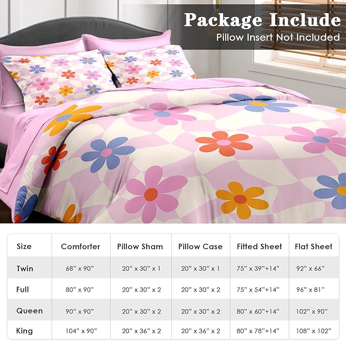 Comforter Set Queen Size, Retro Daisy Pink 7 Pcs Bedding for Kids and Adults, Hippie Aesthetic Kids Bed Sheet Sets with Fitted Sheet 2 Pillowcases & 2 Shams for Bedroom Bed Decor