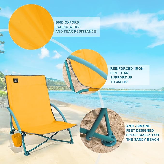NORTHROAD 2 Pack Low Folding Beach Chair,Portable Lightweight Lowback Sling Chair, Outdoor Low Seat Camping Chair w/Cup Holder & Carry Bag for Sand Camping Lawn Picnic Festival,Orange