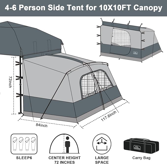 KAMPKEEPER Canopy Side Tent,4-6 Person Camping Cube Tent for 10x10 Pop Up Canopies,Easy Up Gazebo with Window,Compatible with 10' Wide Canopy Tents