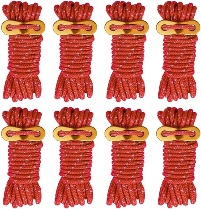 8 Pack High-Reflective Guy Lines 4mm Tent Cords High-Strength Lightweight Camp Ropes with Aluminum Adjuster Tensioner for Tent, Tying Down Tarps, Camping, Outdoor Packaging (Red, 13ft)
