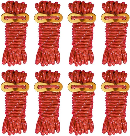 8 Pack High-Reflective Guy Lines 4mm Tent Cords High-Strength Lightweight Camp Ropes with Aluminum Adjuster Tensioner for Tent, Tying Down Tarps, Camping, Outdoor Packaging (Red, 13ft)