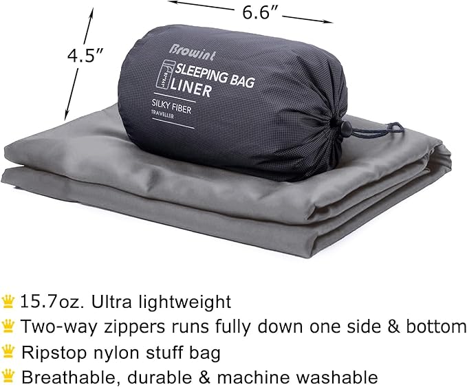 Browint Premium Silky Sleeping Bag Liner with Two-Way Zippers, 87"x41" Extra Wide Adult Sleep Sack for Hotel, Breathable Lightweight Travel Sheet, Multifunctional Bed Sheet for Camping, All Seasons