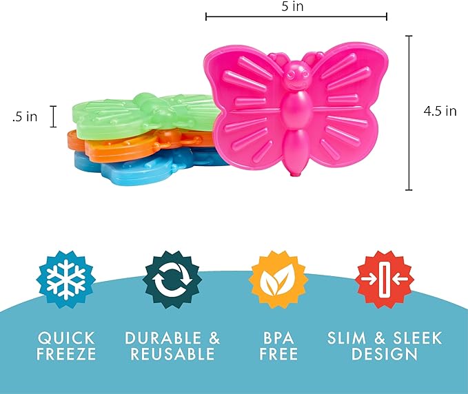 Cool Coolers Kids Lunch Box Ice Packs, Slim Ice Packs for Lunch Bags, Lunch Ice Packs ReusableMulticolored 4 Pack (Butterfly)
