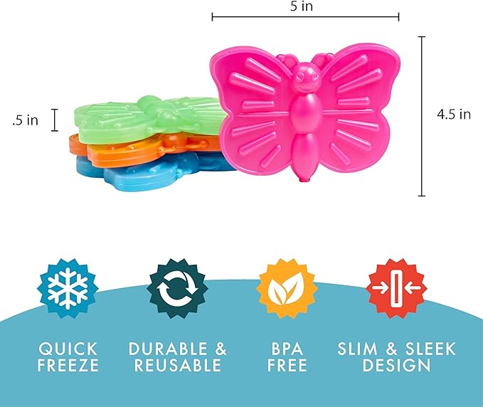 Fit & Fresh Cool Coolers Kids Lunch Box Ice Packs, Slim Ice Packs for Lunch Bags, Lunch Ice Packs Reusable-Multicolored 12 Pack Butterfly