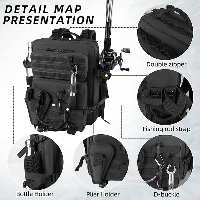 Small Tactical Fishing Tackle Backpack with Removable Plier Holder & Rod Holders Storage Fishing Gear and Equipment Tackle Bag 25l Lightweight Hiking Backpack Black without Tackle Boxes