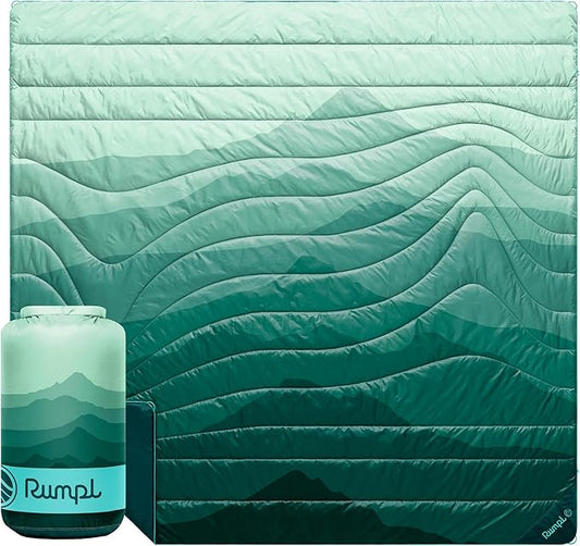 Rumpl Original Puffy Blanket - Warm Puffy Camping Blanket, 100% Recycled Polyester Insulation, Lightweight, Packable, Water-Resistant, Outdoor Puffer Blanket, 84"x80", Cascade Fade