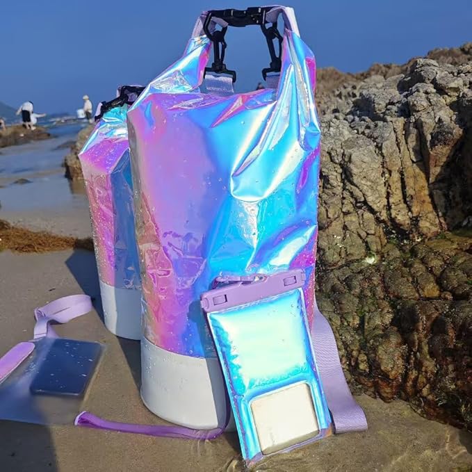 20L PVC Holographic Waterproof Dry Bag, Double Shoulder Strap Beach Swimming Backpack, Crossbody Waterproof Bucket Bag for Kayaking, Boating, and Outdoor Sports (20L)