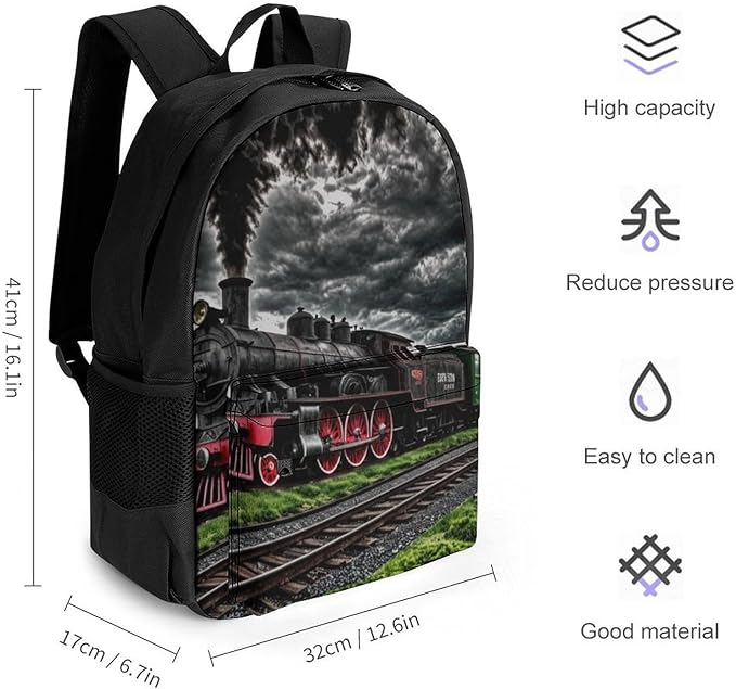 Polyester Daypack Backpack for Sports Travel Running, Big Capacity Anti-Theft Multipurpose Carry On Bag, Old Train Dark Sky Laptop Book Bag Rucksack