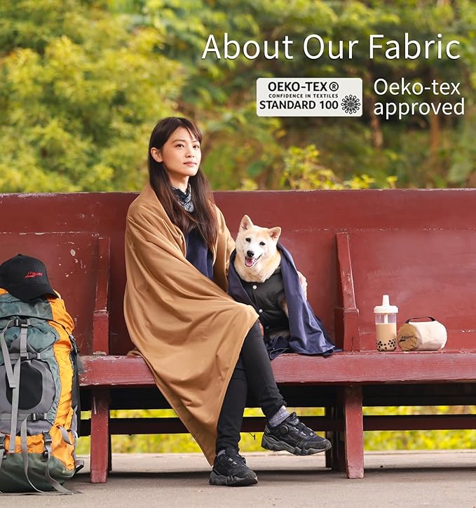 Litume Travel Blanket Lightweight and Breathable, 67 x 48 in Soft Airplane Flight Blanket for Travelers, Foldable Camping Sheet with Stuff Sack for Train, Camp, backapcking, office, home(Creamy Brown)