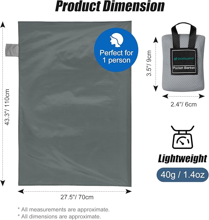 Odoland Beach Blanket Picnic Blanket, 43.3" x 27.5" SandProof Waterproof Outdoor Pocket Blanket with Portable Bag, Foldable Lightweight Sand Free Beach Mat for 1 People Hiking, Camping, Travel, Grey