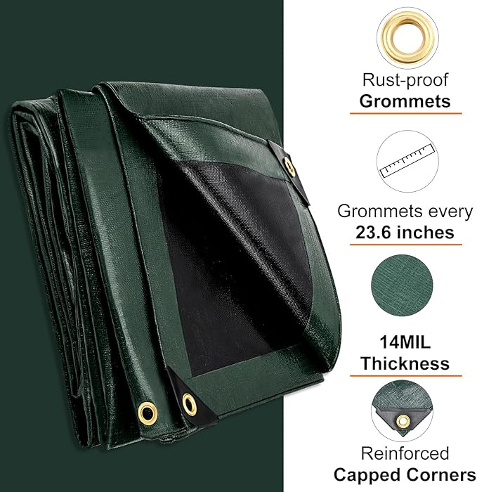 Tarp 20x20 Feet, 14 Mil Large Waterproof Tarps Heavy Duty with Brass Grommets, Thick Plastic Tarp, UV Resistant Tear&Fade Resistant, Reinforced Edges for Outdoor Pool Car Camp Tent