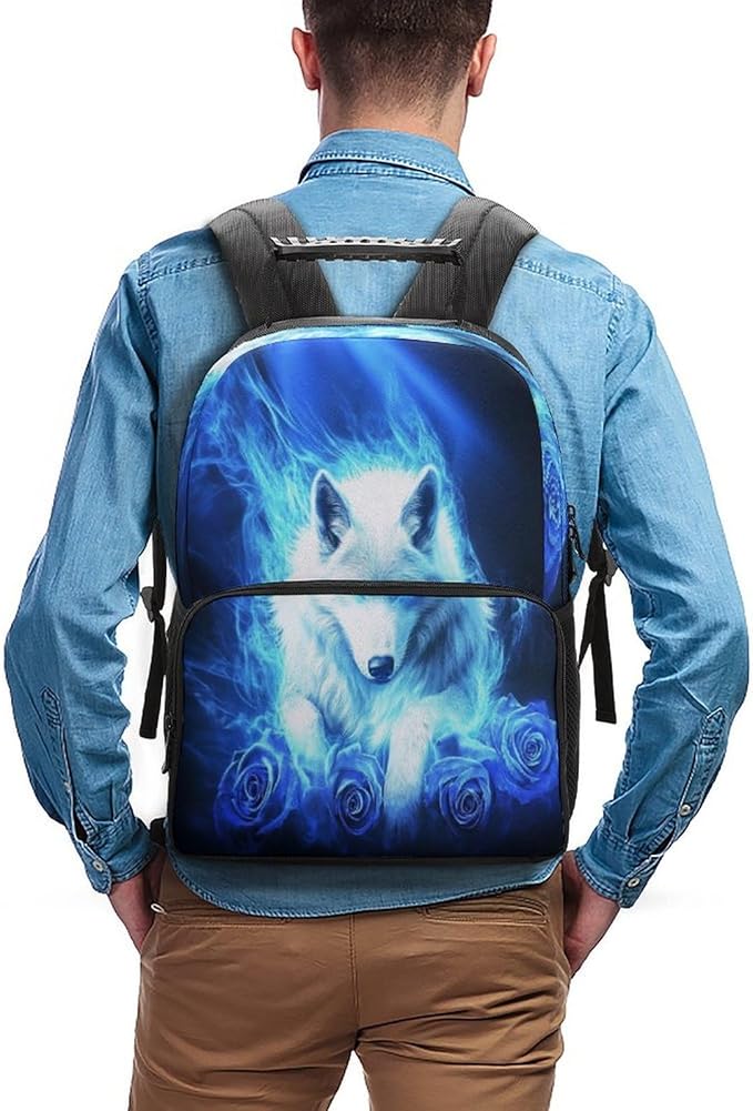 Lightweight Rucksacks for Camping Picnic Walking Cycling, Large Capacity Multipurpose Anti-Theft Carry On Bag, Blue Fire Flame Rose Wolf Travel Hiking Camping Rucksack