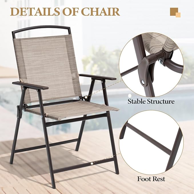 Crestlive Products Patio Folding Chairs Set of 6, Outdoor Folding Chairs with Durable Rust-Resistant Frame and Breathable Textilene Material for Outside, Beige