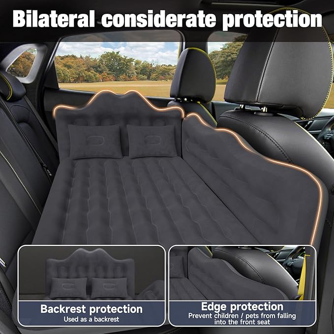 Back Seat Car Air Mattress: Inflatable SUV Car Camping Bed for Truck Van, Thickened Double-Sided Flocking Travel Car Sleeping Pad with Air Pump 2 Pillows