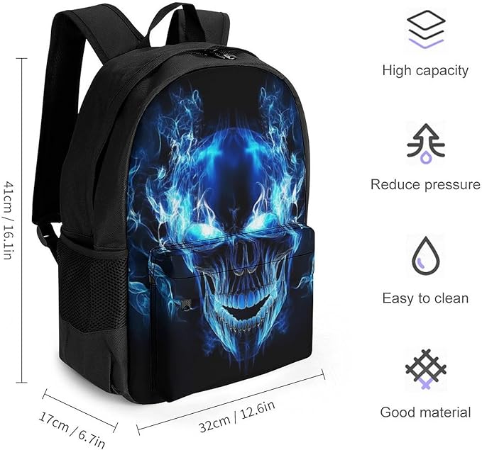 Lightweight Daypack for Camping Business Walking Cycling, Large Capacity Anti-Theft Multipurpose Bookbag, Blue Fire Flame Skull Gym Outdoor Hiking Backpack
