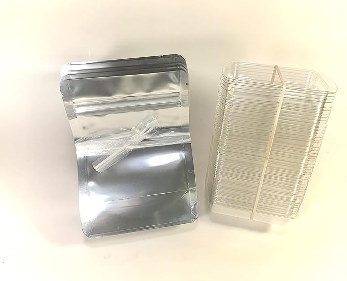 Smell Proof Odor Free Mylar TRAYBAGS (50 pack) Stand Up Foil Pouch, Strong Reusable Zip Seal, 4 Mil Thick. ROYPACK (Clear Front/White Back, Large)