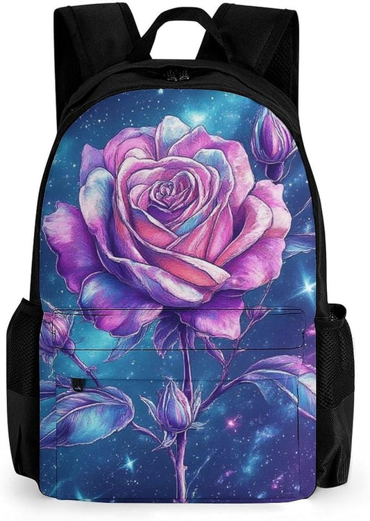 Supdreamc Daypack Bookbag Multipurpose Anti-Theft Big Capacity Carry On Bag, Space Galaxy Flower Glitter Rose Art Travel Hiking Camping Rucksack With Padded Straps