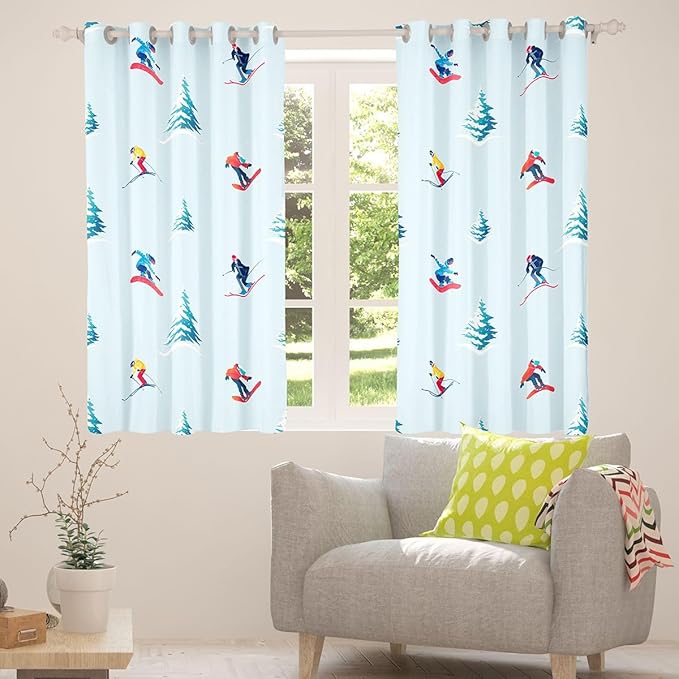Manfei Skiing Blackout Curtains,Ski Winter Extreme Sports Game Blackout Curtains,Mountain Snowboarding Pine Tree Nature Boys Girls Room Decor,Blue 2 Panels,52Wx90L inch