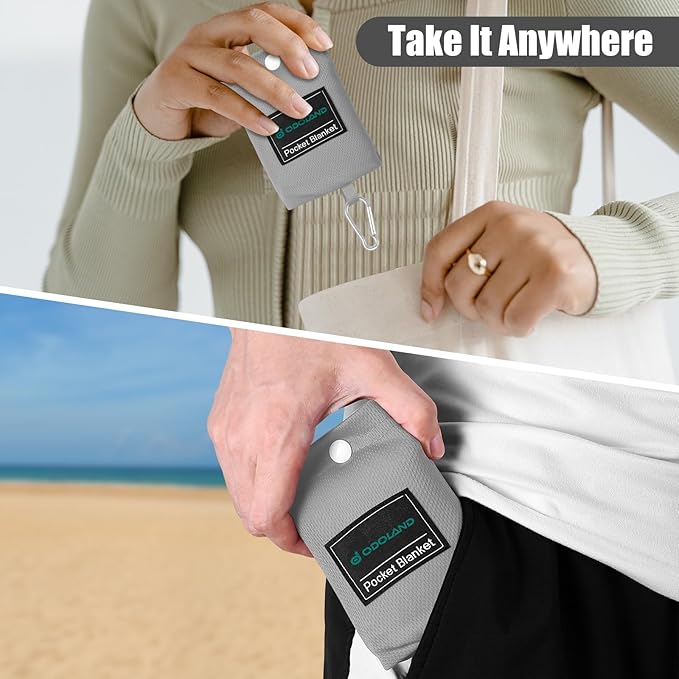 Odoland Beach Blanket Picnic Blanket, 43" x 63" SandProof Waterproof Outdoor Pocket Blanket with Portable Bag, Foldable Lightweight Sand Free Quick Drying Beach Mat for Hiking Camping Travel, Grey