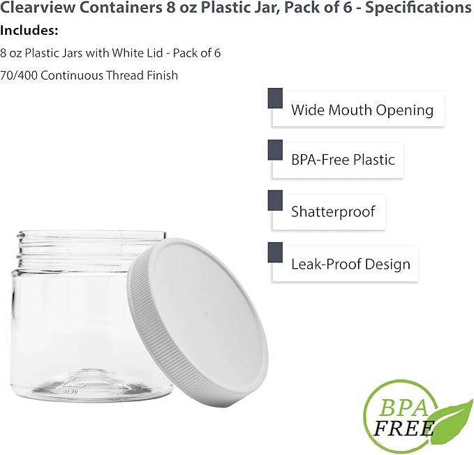 Plastic Storage Jars with Leak Proof Lids, BPA Free, Hand Wash Only (8oz Jar, 6PK)