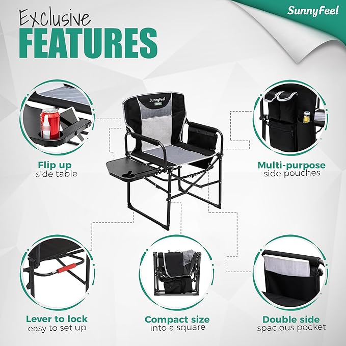 SUNNYFEEL Oversized Camping Directors Chair 500 LBS Heavy Duty, Portable Folding Chair with Side Table, Pocket for Beach, Fishing,Trip,Picnic,Lawn,Concert Outdoor Foldable Camp Chairs