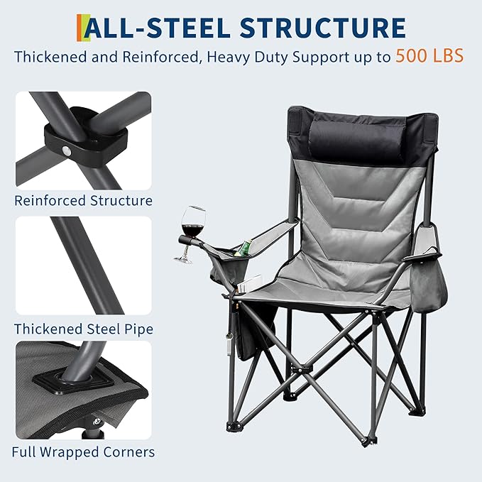 Oversized Padded Camping Chairs, Hevy Duty Folding Camp Chair - 500Lbs Support for Adults - Comfortable Camping Chair with High Back & Pillow, 2 Pack