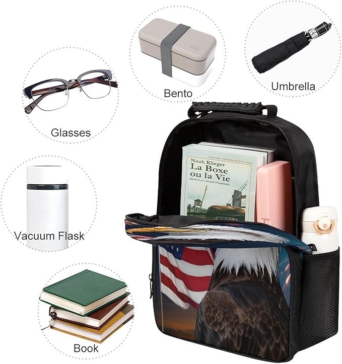 Daypack Bookbag Anti-Theft Multipurpose Large Capacity Bookbag, Bald Eagle American Flag Fireworks Travel Hiking Camping Rucksack With Adjustable Shoulder Straps