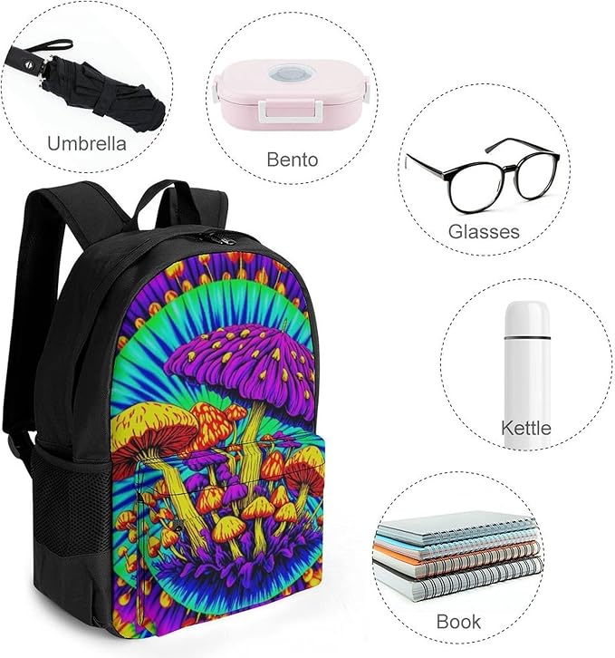 Supdreamc Men Women Polyester Psychedelic Mushrooms Tie Dye Art Backpack Large Capacity Bookbag With Smooth Zippers for Climbing Picnic Bicycle