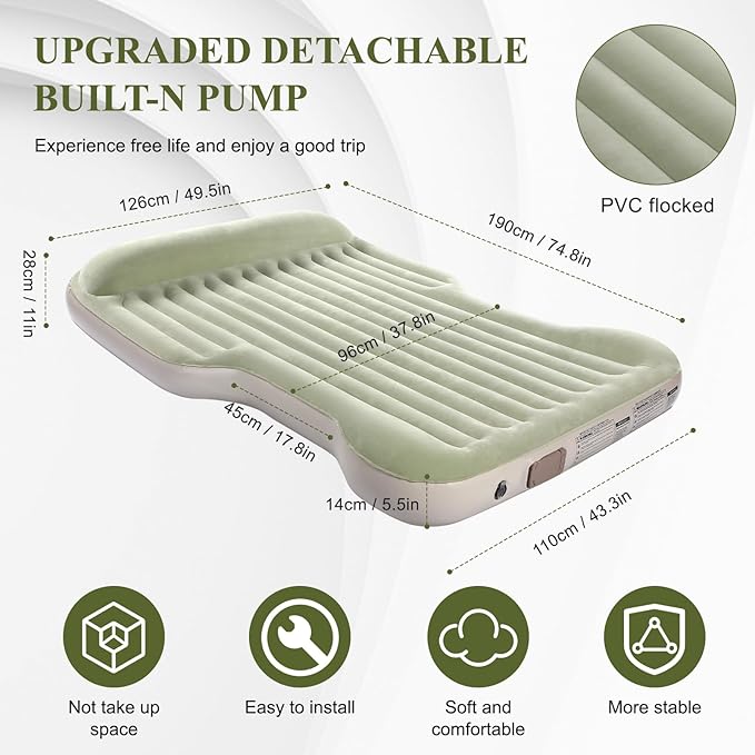 KMZ Inflatable SUV Air Mattress Thickened Flocking with Built-in Pump Self-Inflating Portable Sleeping Travel Bed Pad for SUV Truck Fast Inflation and Deflation
