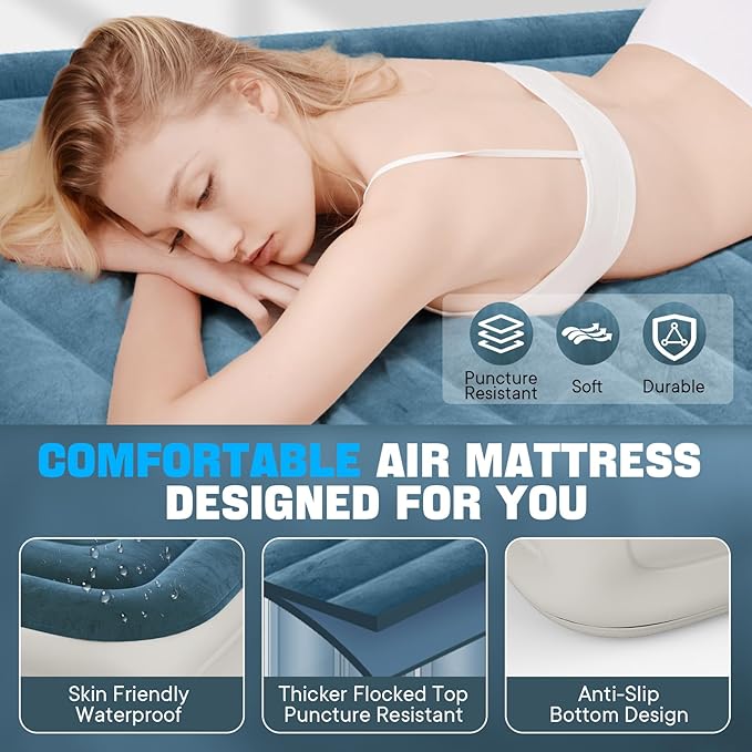 Queen Air Mattress with Built-in Pump,18'' Raised Blow Up Mattress, Leak-Proof Air Bed with Storage Bag, Flocked Top Inflatable Mattress for Home, Camping & Guests，800lbs