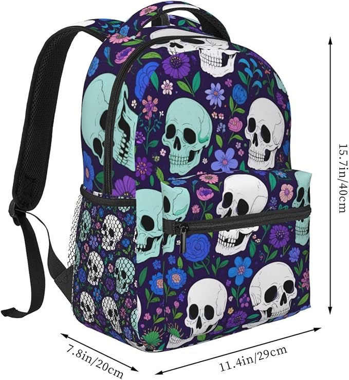 Men Women Polyester Flower Skull Purple Backpack Large Capacity Bookbag With Smooth Zippers for Climbing Picnic Bicycle