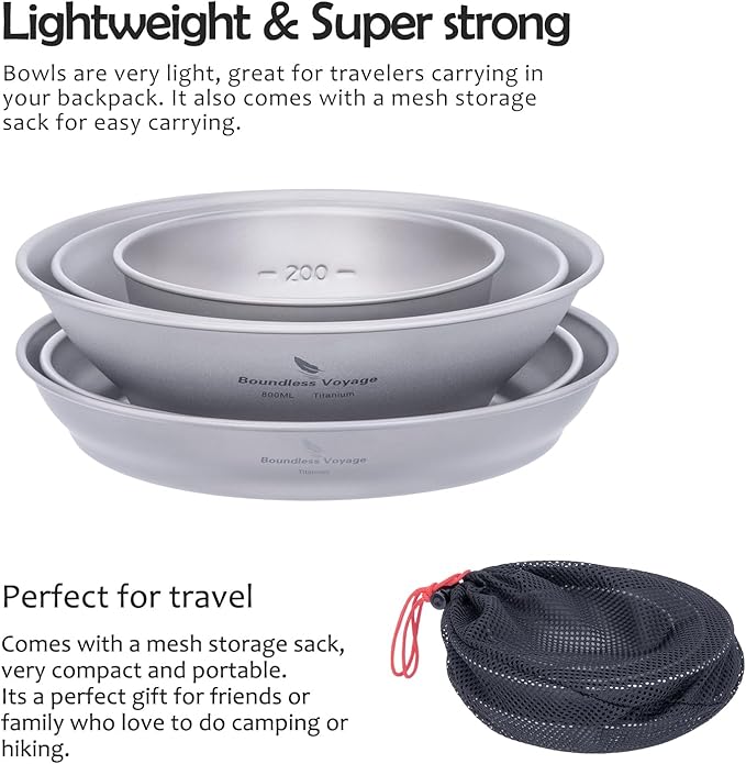 iBasingo Titanium Bowls Plates Set Single-Walled Rice Salad Mixing Bowls Dishes Ultralight Camping Dinnerware Outdoor Indoor Tableware Kitchen Utensils with Carry Bag Ti1110T