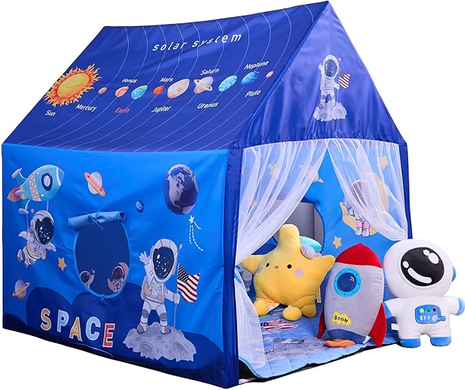 Space Rocket Ship Kids Tent with Mat for Boys & Girls Aged 3+ Toddler for Indoor Outdoor Playhouse Tent Set Sizes 47×46.8×38.1In,Washable