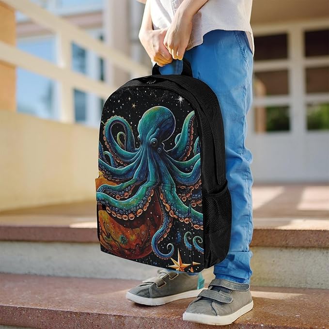 Supdreamc Men Women Lightweight Octopus On The Moon Holding Stars Planet Art Backpack Large Capacity Carry On Bag With Padded Straps for Sports Work Walking Cycling