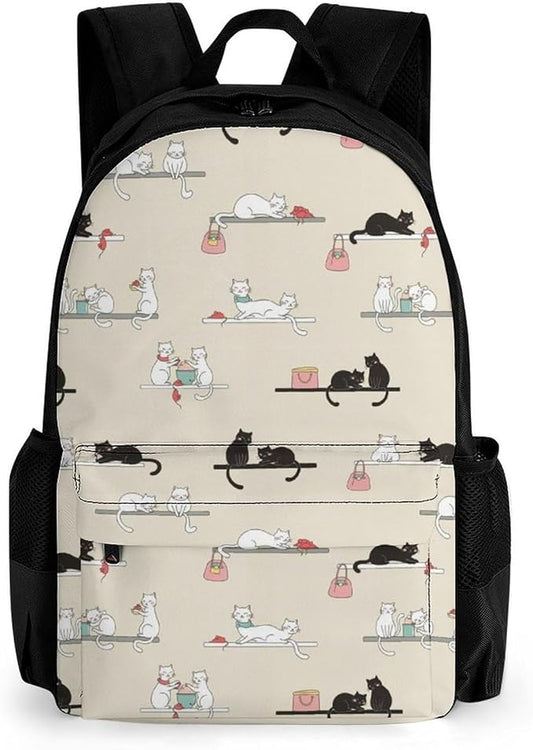 Men Women Polyester Cute Black And White Cat Daypack Backpack Large Capacity Carry On Bag With Smooth Zippers for Hiking Picnic Walking Cycling