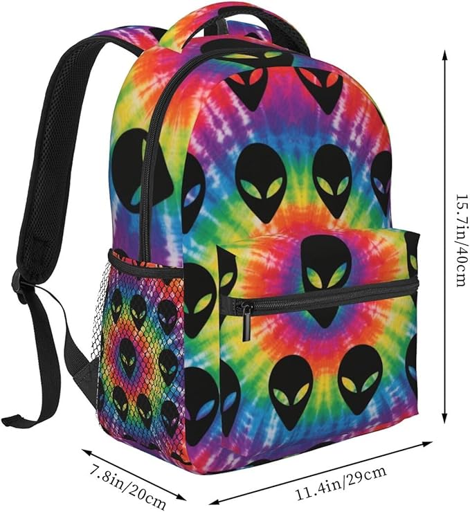 Men Women Polyester Tie Dye Alien Daypack Backpack Large Capacity Carry On Bag With Smooth Zippers for Hiking Picnic Walking Cycling