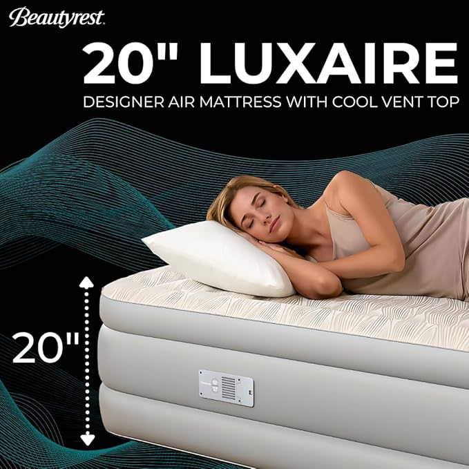 Beautyrest Luxaire, Queen Size Luxury Air Mattress, 20 Inch Height with Cool Vent Top, Smart Auto Shut-Off Pump, Puncture Resistant Ever Firm Fabric with Edge Support