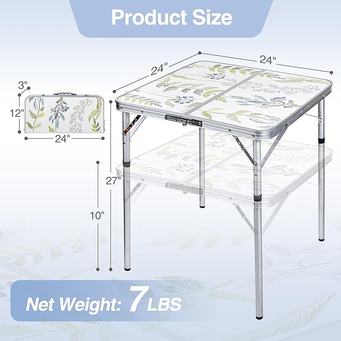 RedSwing Square Camping Table 2ft Portable Pinic Table Adjustable Height Small Card Table Aluminum Foldable Lightweight with Carry Handle for Outdoor Indoor Hiking Camp BBQ Beach