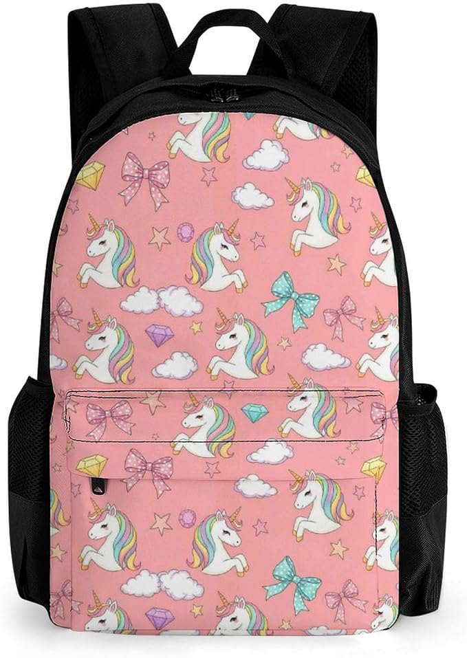 Daypack Polyester Anti-Theft Multipurpose Lovely Pink Unicorns Head Bookbag Big Capacity Gym Outdoor Hiking Backpack With Adjustable Shoulder Straps