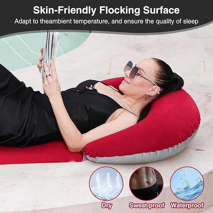 Beach mat with Inflatable Pillow, Portable mat, 70X30Inch (Red)