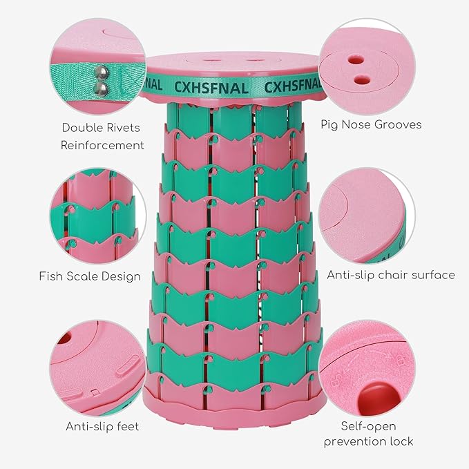 Upgraded Portable Foldable Stool,Folding Camp Stool,Lightweight Sturdy 400lbs Load Capacity Collapsible seat Height Adjustable for Fishing Hiking Picnic Hunting Party BBQ Indoor (Pink Green)