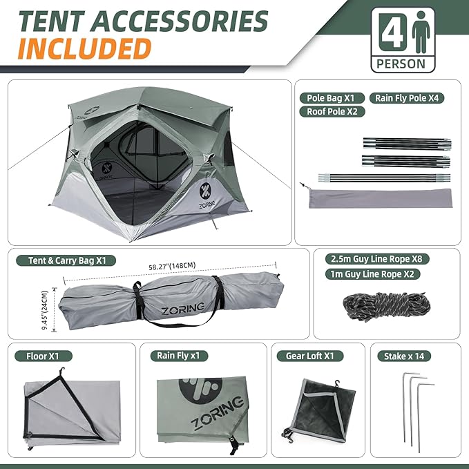 Pop Up Tent for Camping, Instant Cabin Hub Tent 4 Person, Waterproof Hub Shelter with Rainfly & Removable Floor, Easy Setup Windproof Large Family Shelter for Outdoor & Overlanding