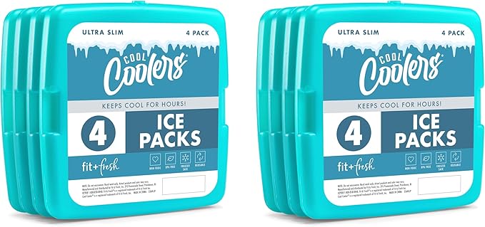 Cool Coolers by Fit + Fresh, Reusable & Long-Lasting Slim Ice Packs, Cold Packs for Lunch Boxes, Ice Packs for Lunch Bags, Green 8 Pack