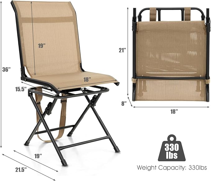 Moccha 360-degree Swivel Blind Chair, Foldable Hunting Chair w/Mesh Back & Non-Slipping Pads, Multi-Position X Steel Frame Portable Outdoor Chairs for Camping, Hunting, Fishing, Brown