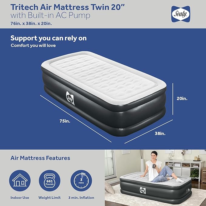 Sealy Tritech Twin Sized 20" Air Mattress Bed 2 Person w/Built-in AC Pump & Bag
